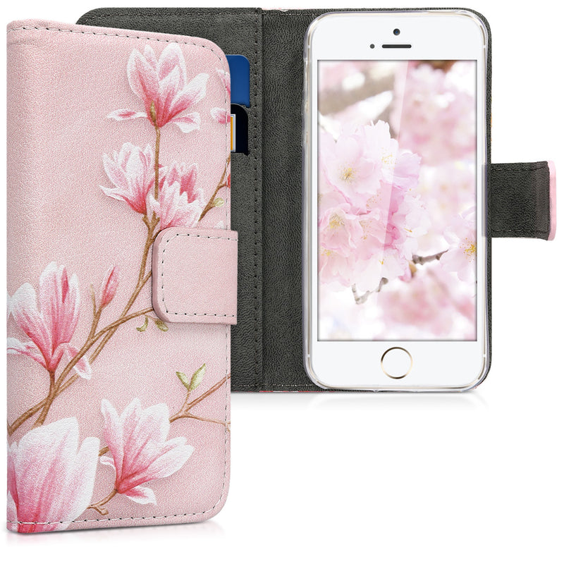 kwmobile Wallet Case Compatible with Apple iPhone SE (1st Gen 2016) / iPhone 5 / iPhone 5S Case - Cover with Stand and Card Slots - Vines Butterfly