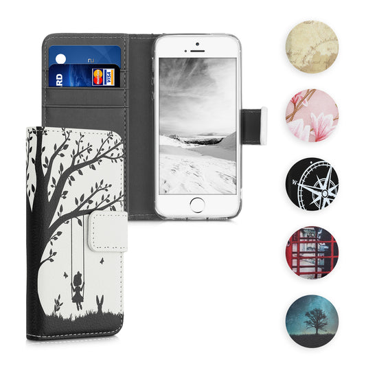 kwmobile Wallet Case kompatibel mit Apple iPhone SE (1.Gen 2016) / iPhone 5 / iPhone 5S Hülle - Cover mit Ständer und Kartenfächern - Mädchen Baumschaukel Schwarz Weiß Schwarz  [dsg31]