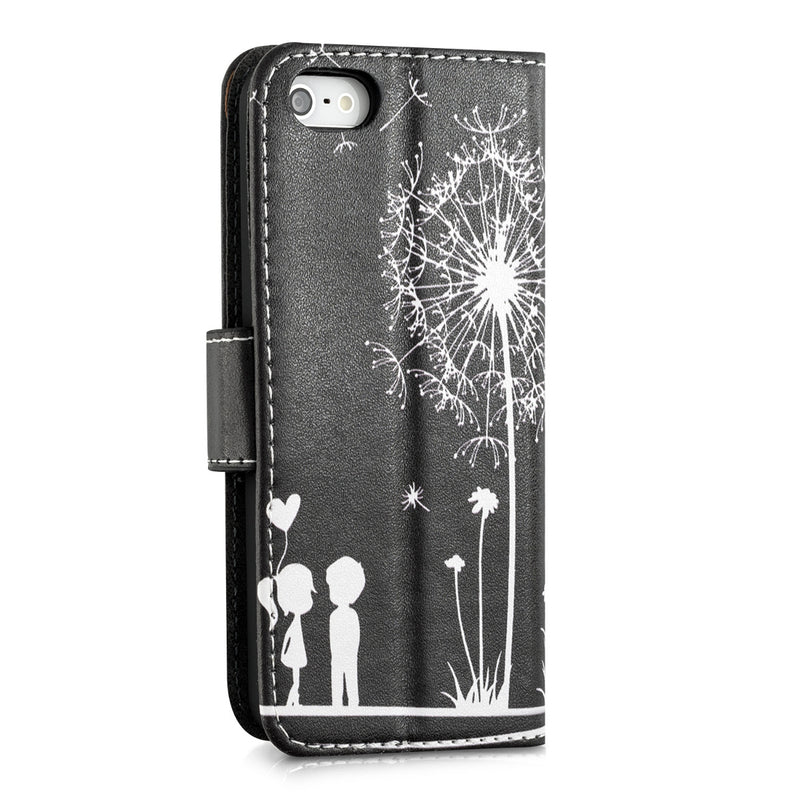 kwmobile Wallet Case Compatible with Apple iPhone SE (1st Gen 2016) / iPhone 5 / iPhone 5S Case - Cover with Stand and Card Slots - Vines Butterfly