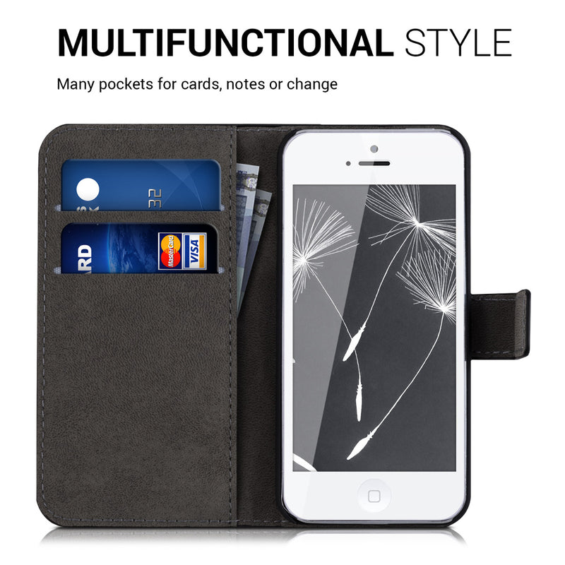 kwmobile Wallet Case Compatible with Apple iPhone SE (1st Gen 2016) / iPhone 5 / iPhone 5S Case - Cover with Stand and Card Slots - Vines Butterfly