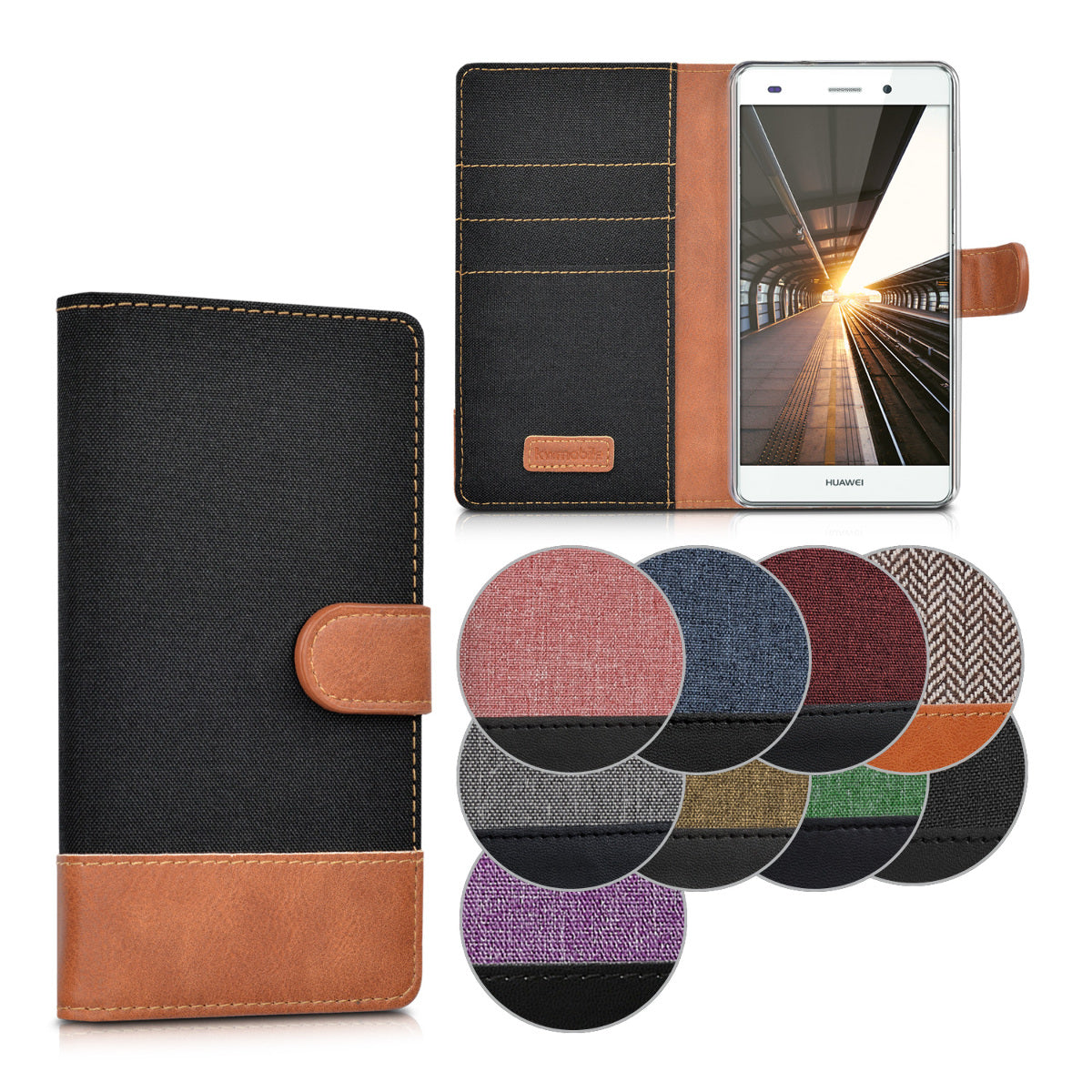 kwmobile Wallet Case kompatibel mit Huawei P8 Lite (2015) - Hülle mit Ständer - Handyhülle Kartenfächer Anthrazit Schwarz Anthrazit  