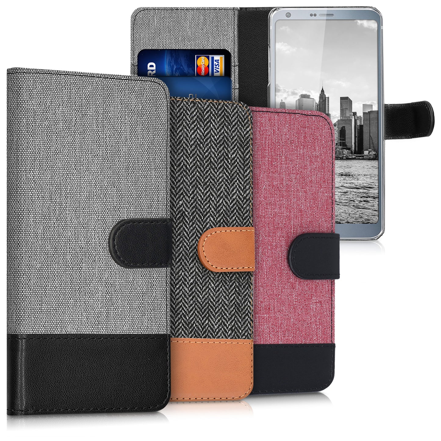 kwmobile Wallet Case kompatibel mit LG G6 - Hülle mit Ständer - Handyhülle Kartenfächer Grau Schwarz Grau  