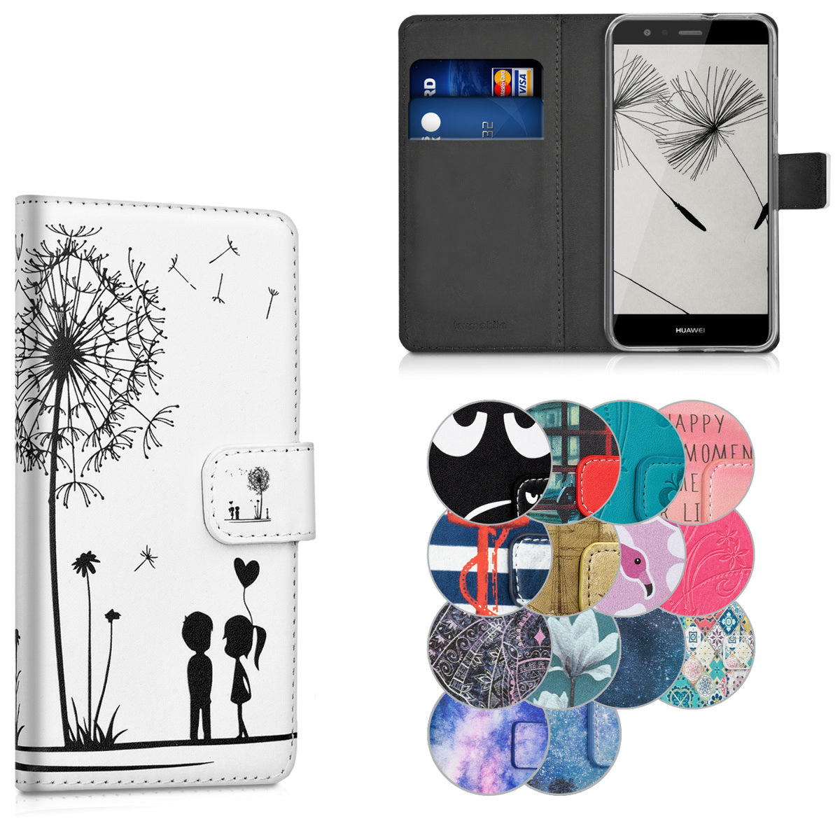 kwmobile Wallet Case kompatibel mit Huawei P10 Lite Hülle - Cover mit Ständer und Kartenfächern - Magnolien Taupe Weiß Blaugrau Taupe  [dsg11]