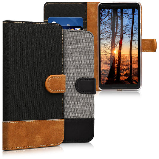 kwmobile Wallet Case kompatibel mit Google Pixel 2 XL - Hülle mit Ständer - Handyhülle Kartenfächer Grau Schwarz Grau  