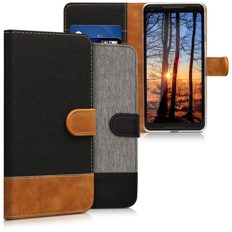 kwmobile Wallet Case kompatibel mit Google Pixel 2 XL - Hülle mit Ständer - Handyhülle Kartenfächer Grau Schwarz Grau  