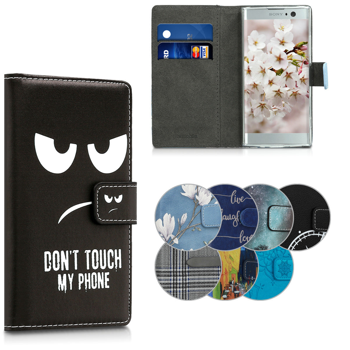 kwmobile Wallet Case kompatibel mit Sony Xperia XA2 Hülle - Cover mit Ständer und Kartenfächern - Magnolien Taupe Weiß Blaugrau Taupe  [dsg02]