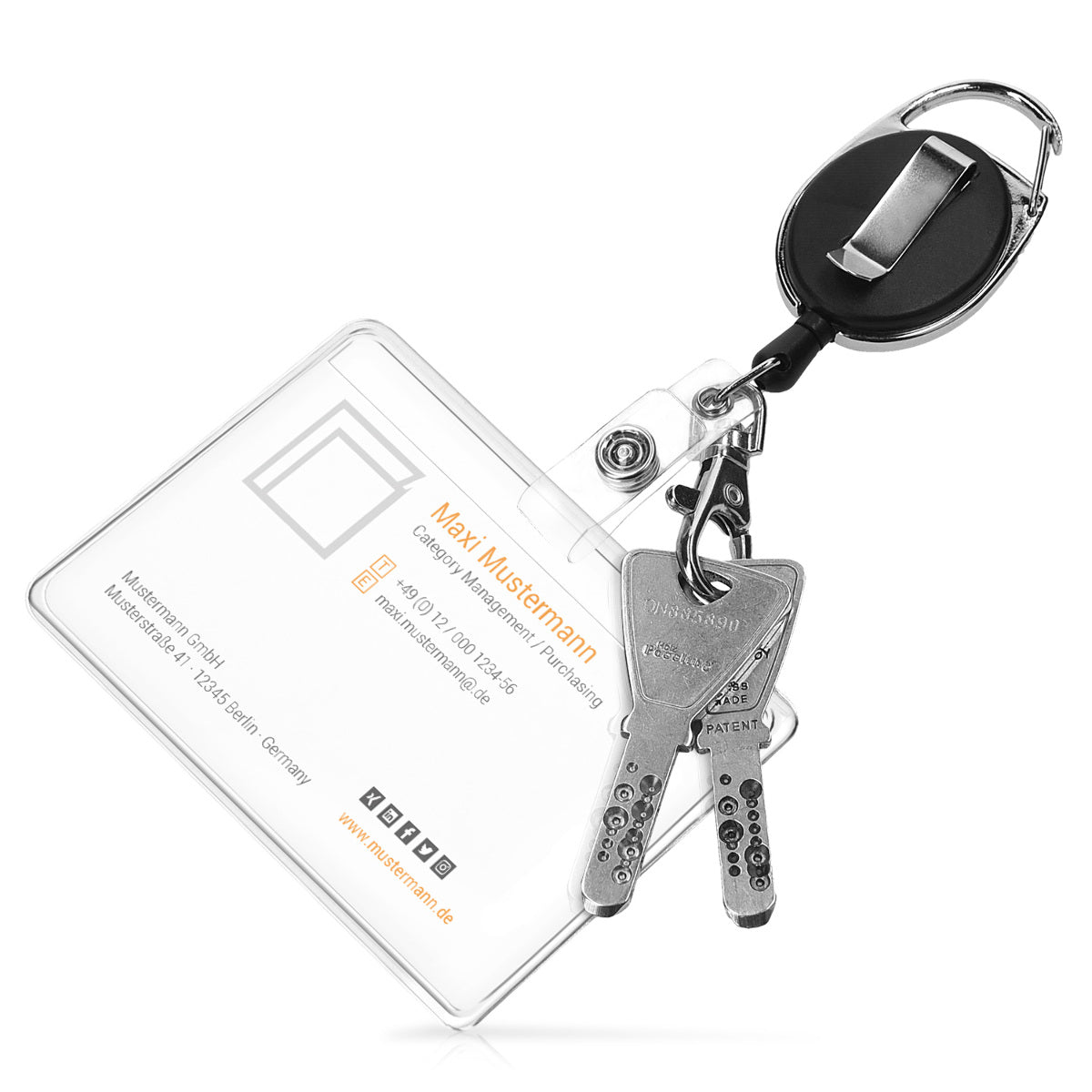 kwmobile Retractable Key Reel with ID Clip - Extendable Keychain - Carabiner Lanyard - Keyring with Card Holder