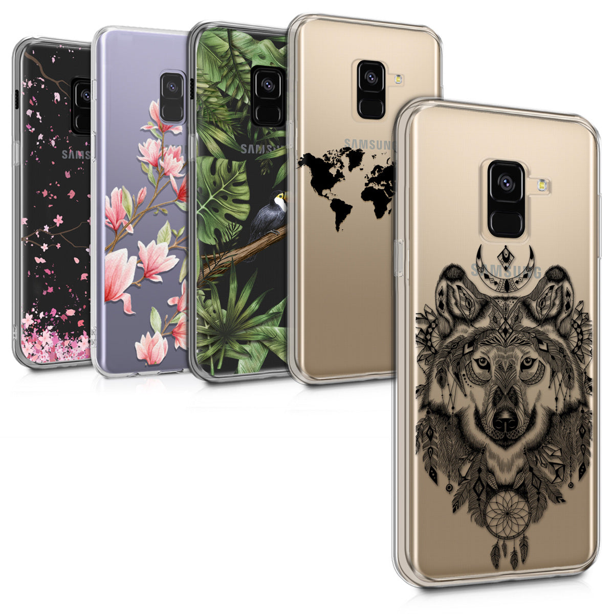 kwmobile Case kompatibel mit Samsung Galaxy A8 (2018) - Hülle Silikon transparent Kirschblütenblätter Rosa Dunkelbraun Transparent Rosa  [dsg05]