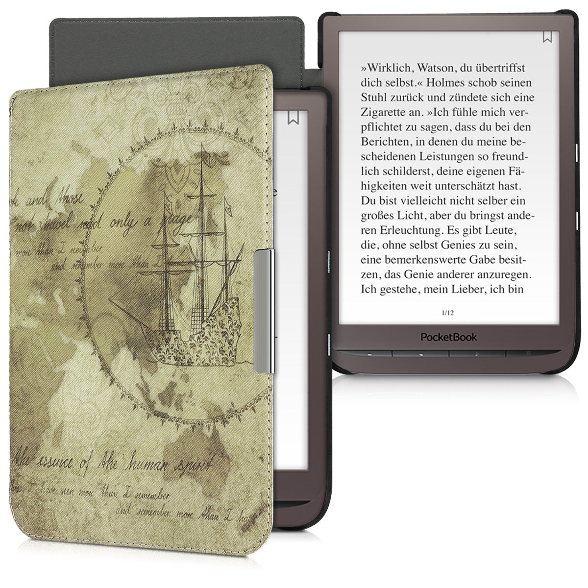 kwmobile Protective Case for Pocketbook InkPad 3 / 3 Pro / Color / Vivlio InkPad 3 Case - eReader Flip Case with Auto Sleep Function - Travel Vintage