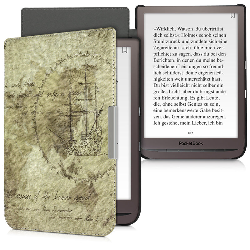 kwmobile Protective Case for Pocketbook InkPad 3 / 3 Pro / Color / Vivlio InkPad 3 Case - eReader Flip Case with Auto Sleep Function - Travel Vintage