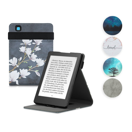 kwmobile Hülle kompatibel mit Kobo Aura Edition 2 Hülle - Case mit Schlaufe und Ständer - Magnolien Taupe Weiß Dunkelgrau Taupe  [dsg05]
