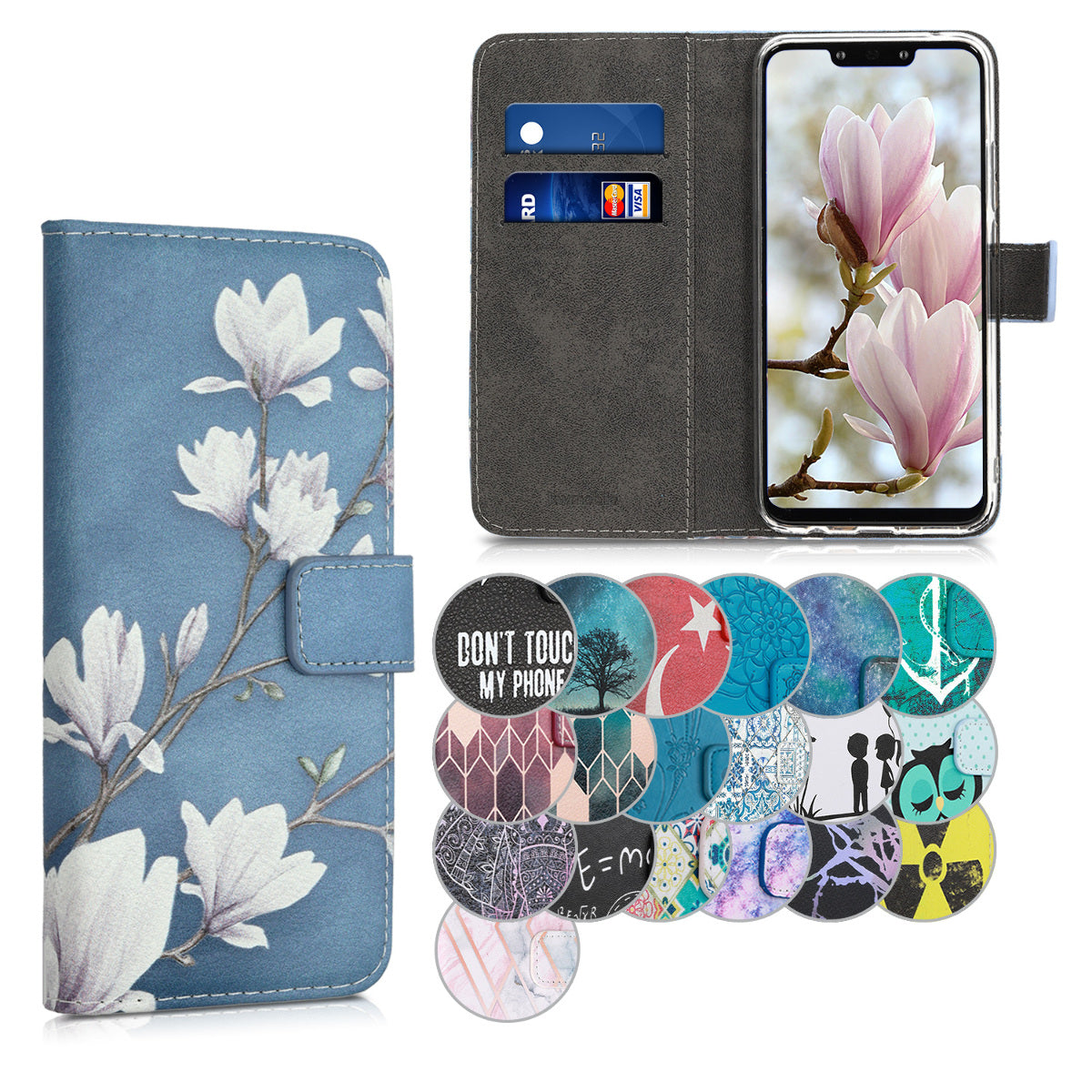 kwmobile Wallet Case kompatibel mit Huawei Mate 20 Lite Hülle - Cover mit Ständer und Kartenfächern - Magnolien Taupe Weiß Blaugrau Taupe  [dsg01]