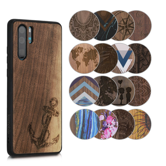 kwmobile Hülle kompatibel mit Huawei P30 Pro Hülle - Holz Case - Handy Cover - TPU Handyhülle in Dunkelbraun Indische Sonne Dunkelbraun  [dsg02]