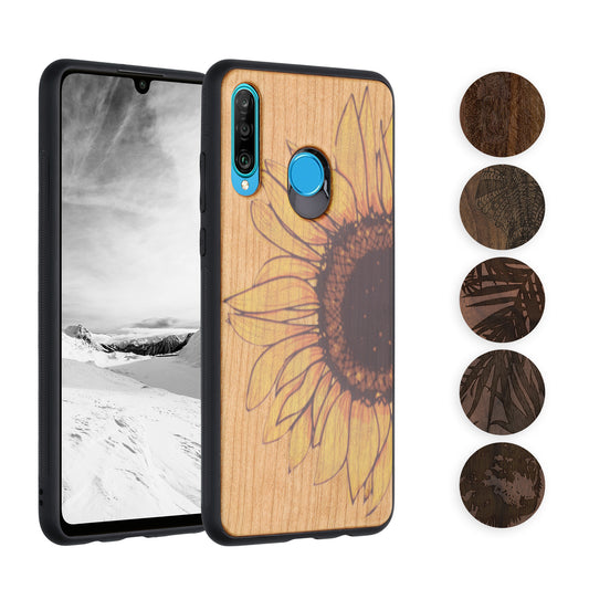 kwmobile Hülle kompatibel mit Huawei P30 Lite Hülle - Holz Case - Handy Cover - TPU Handyhülle in Dunkelbraun Indische Sonne Dunkelbraun  [dsg04]
