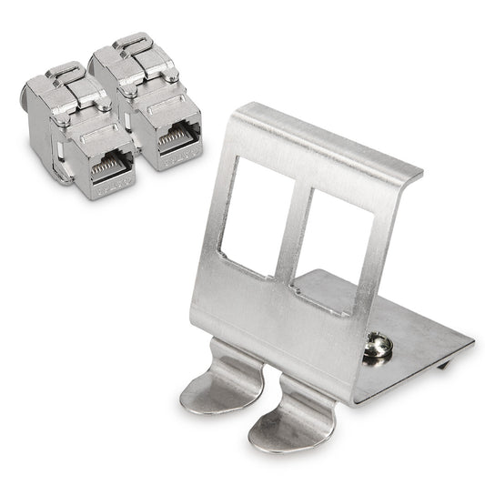 kwmobile Keystone Modul und Hutschienenadapter Set - passt auf genormte Hutschiene - 2x CAT 6A Modul 1x Halter - RJ45 Buchse geschirmt - werkzeuglos Silber  