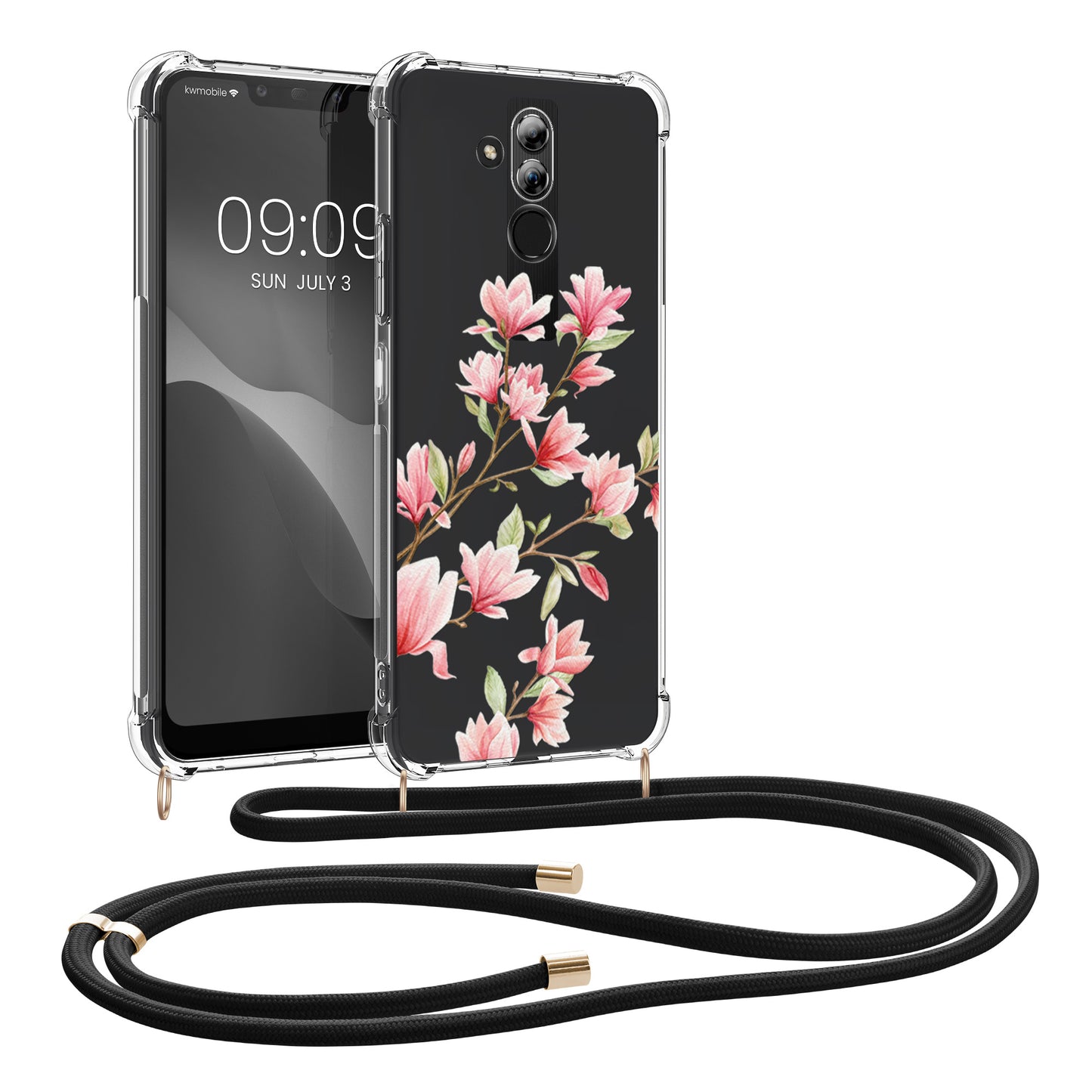 kwmobile Necklace Case Compatible with Huawei Mate 20 Lite Cover Silicone Case with Lanyard Transparent Magnolias