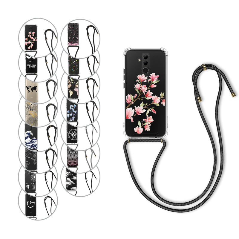 kwmobile Necklace Case kompatibel mit Huawei Mate 20 Lite Hülle - Silikon Cover mit Handykette - Rosa Weiß Transparent Magnolien Rosa  [dsg01]