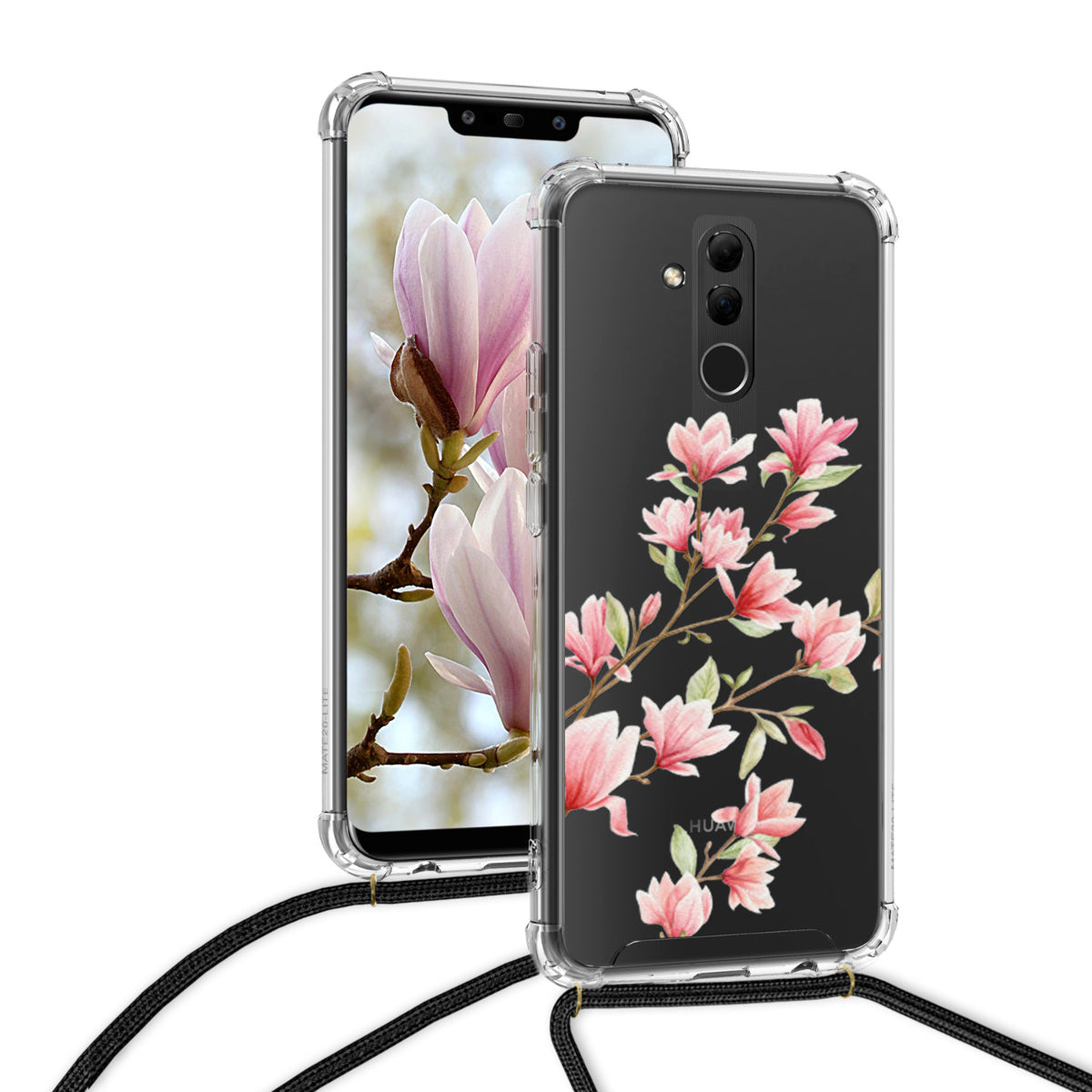 kwmobile Necklace Case Compatible with Huawei Mate 20 Lite Cover Silicone Case with Lanyard Transparent Magnolias