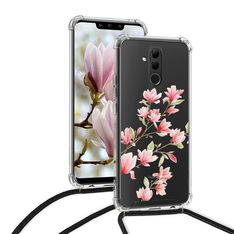 kwmobile Necklace Case Compatible with Huawei Mate 20 Lite Cover Silicone Case with Lanyard Transparent Magnolias