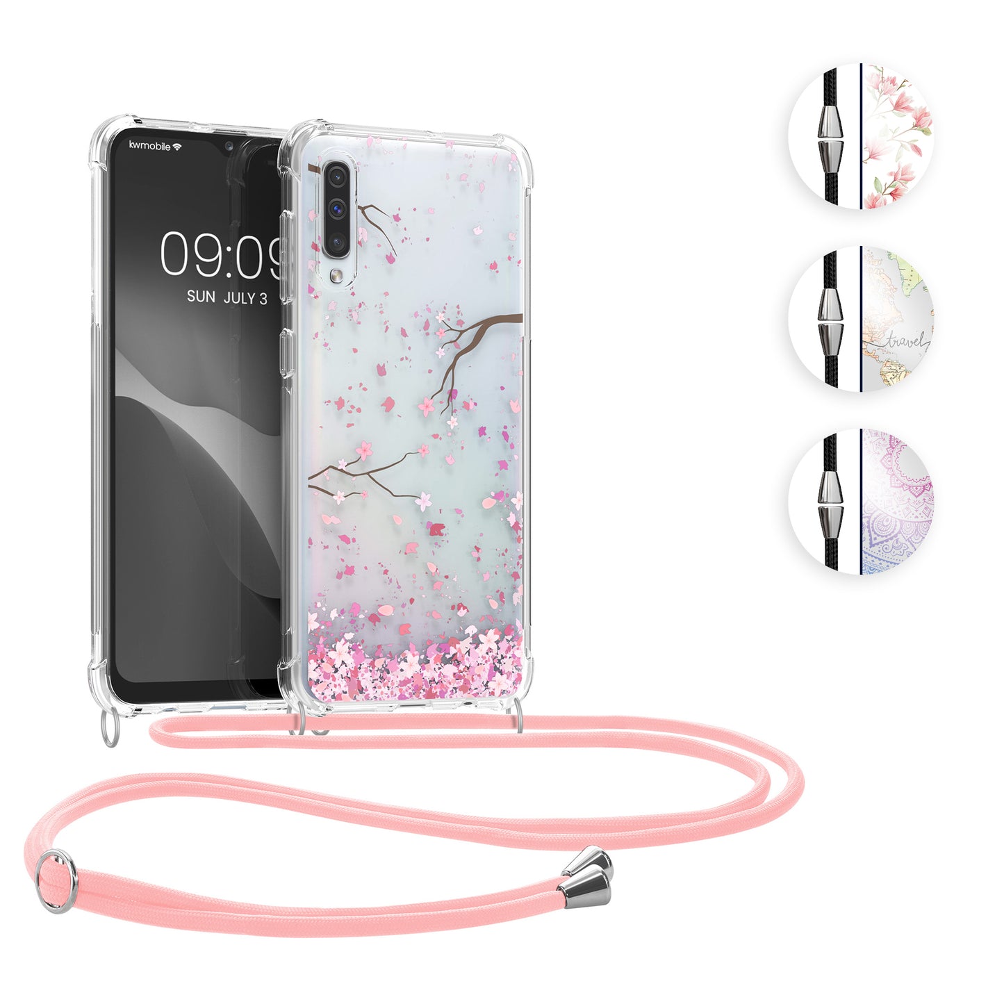 kwmobile Necklace Case kompatibel mit Samsung Galaxy A50 Hülle - Silikon Cover mit Handykette - Rosa Dunkelbraun Transparent Kirschblütenblätter Rosa  [dsg04]