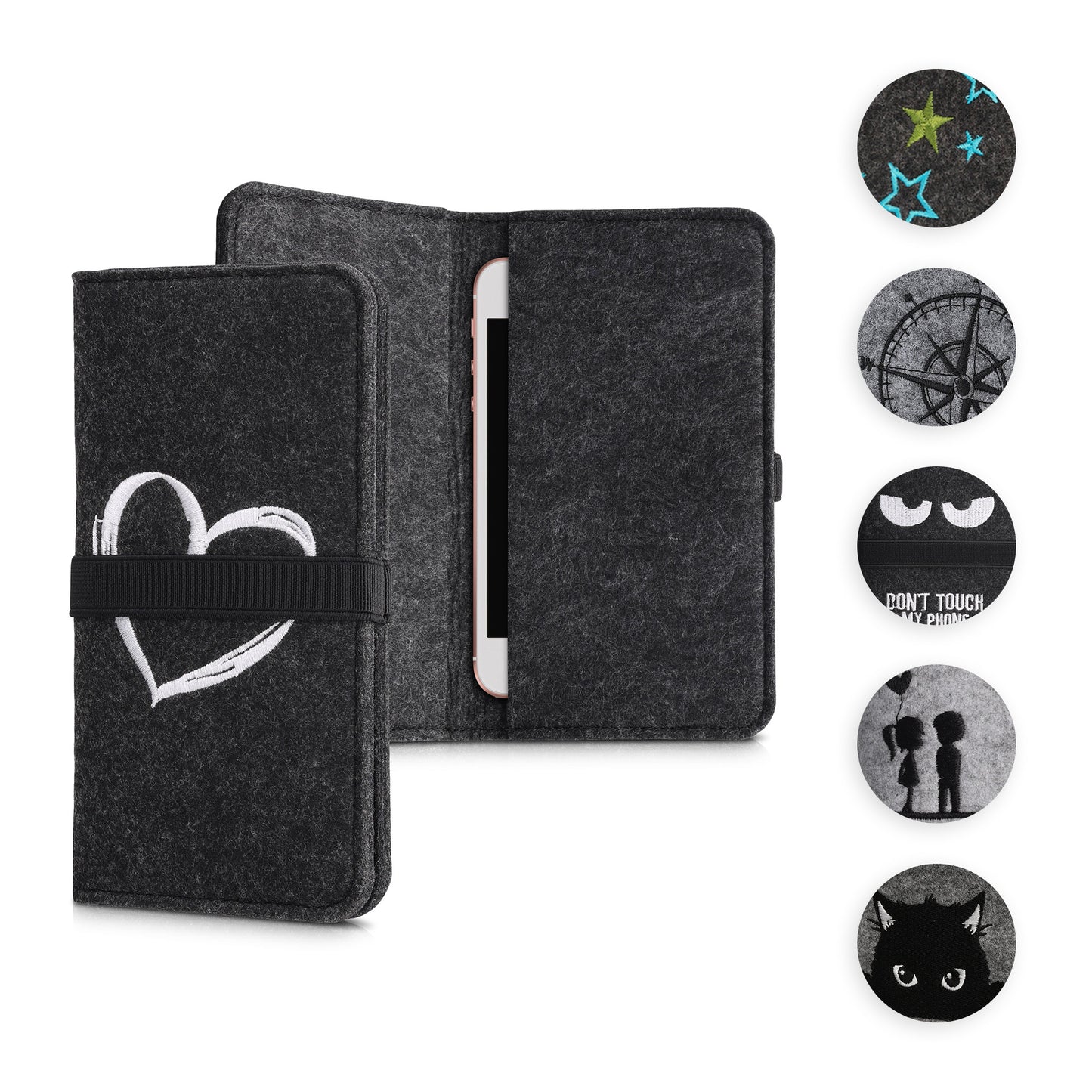 kwmobile Filz Tasche für Smartphones - mit Gummiband - Handy Filztasche Schutztasche Neugierige Katze Grau Schwarz - 16,0 x 8,0 cm Innenmaße Grau  [dsg06]