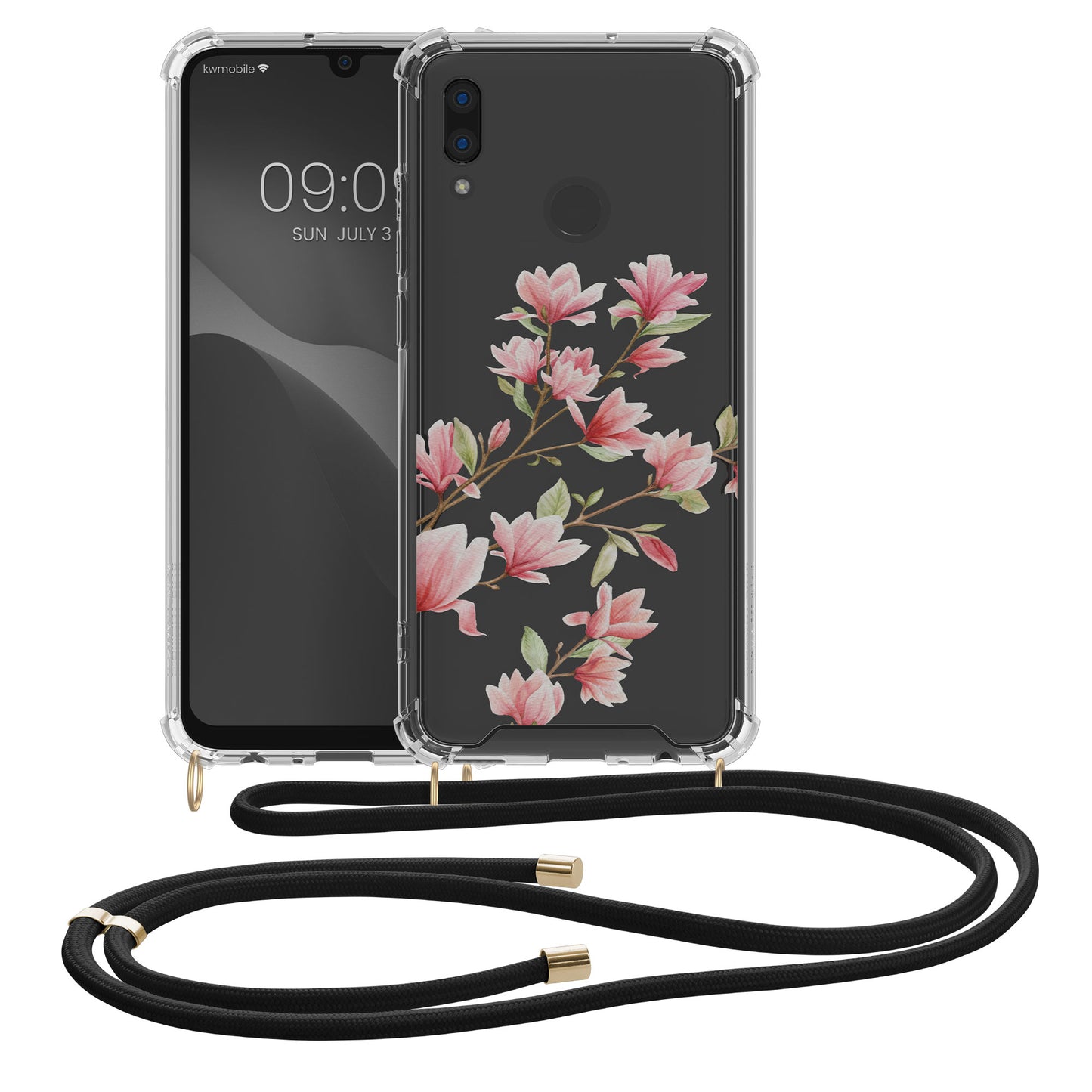 kwmobile Necklace Case compatible with Huawei P Smart (2019) Silicone Cover with Lanyard Transparent Magnolias