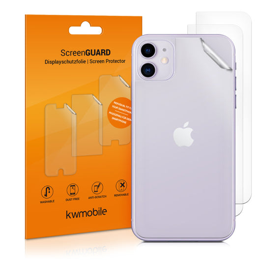 kwmobile 3x Schutzfolie Rückseite kompatibel mit Apple iPhone 11 - Folie Backcover Smartphone - Handyfolie transparent Transparent  