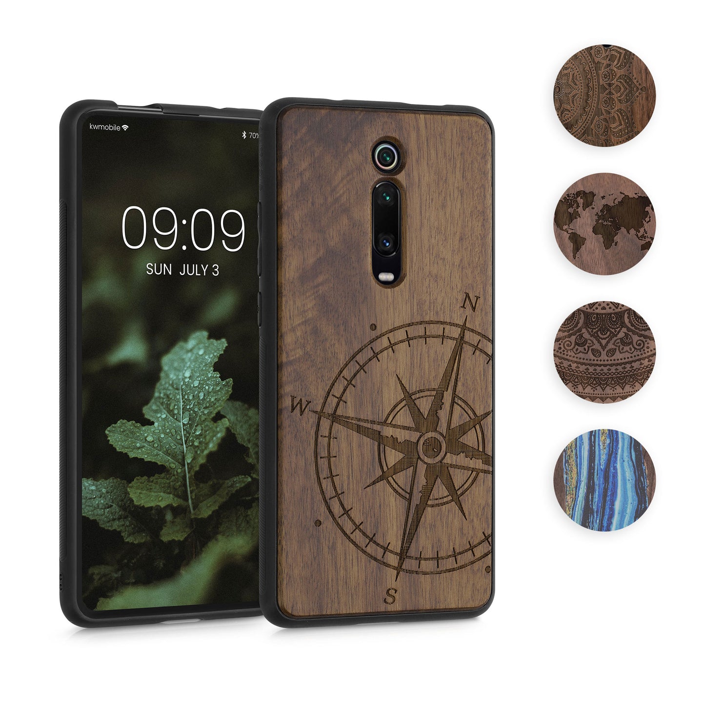 kwmobile Hülle kompatibel mit Xiaomi Mi 9T (Pro) / Redmi K20 (Pro) Hülle - Holz Case - Handy Cover - TPU Handyhülle in Dunkelbraun Kompass Vintage Dunkelbraun  [dsg02]