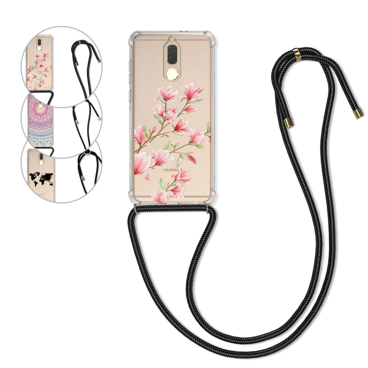 kwmobile Necklace Case kompatibel mit Huawei Mate 10 Lite Hülle - Silikon Cover mit Handykette - Rosa Weiß Transparent Magnolien Rosa  [dsg01]