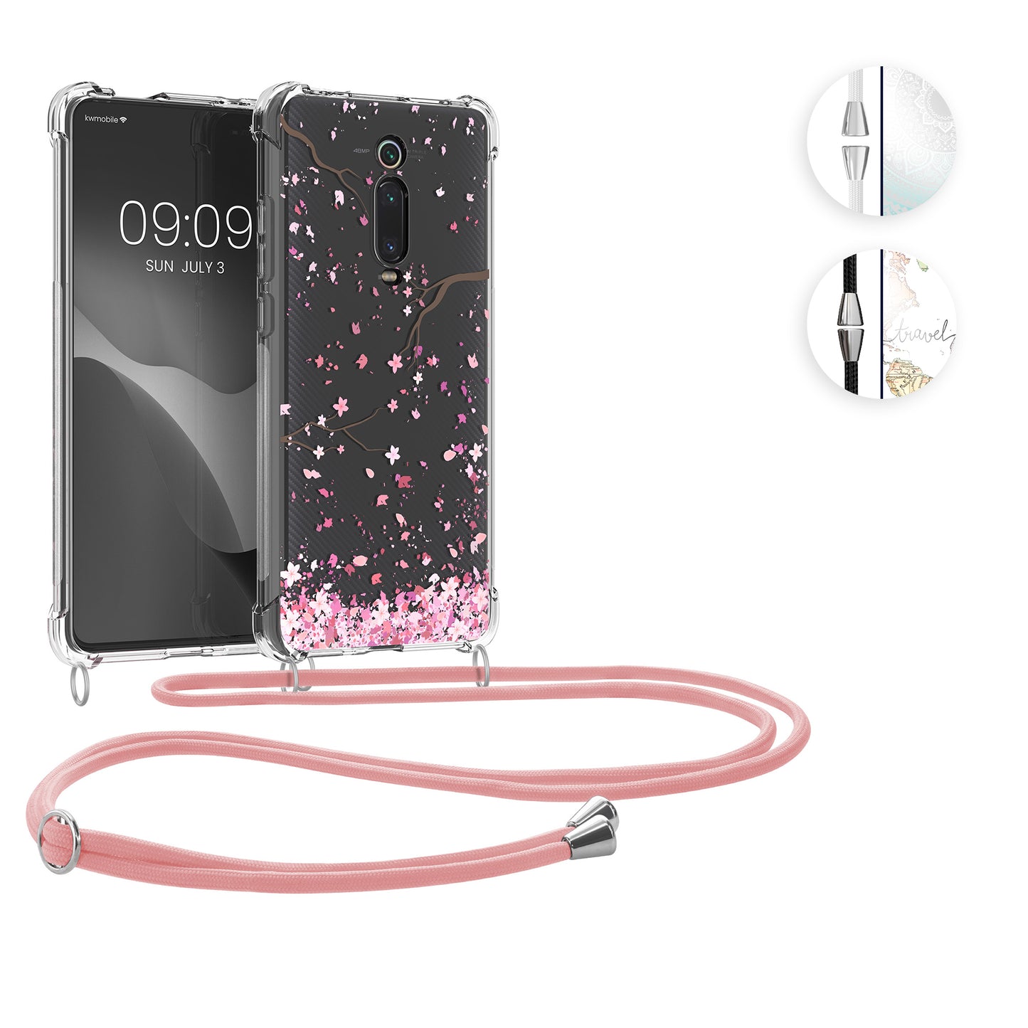 kwmobile Necklace Case kompatibel mit Xiaomi Mi 9T (Pro) / Redmi K20 (Pro) Hülle - Silikon Cover mit Handykette - Rosa Dunkelbraun Transparent Kirschblütenblätter Rosa  [dsg02]