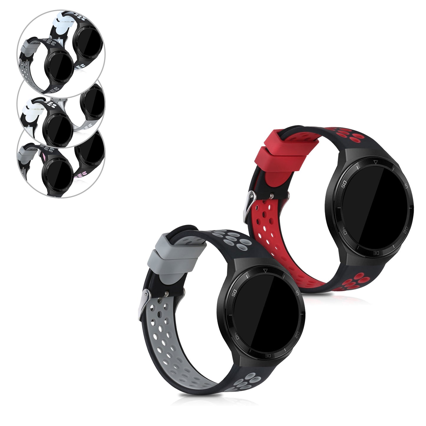 kwmobile 2x Uhrenarmband für Huawei Watch GT 2e / Watch GT2 46mm / Watch GT3 Pro 46mm / Watch GT3 SE Armband - Fitnesstracker Band Set aus TPU Silikon - Ersatzarmband Smartwatch - Schwarz Rot Schwarz Grau Schwarz  [dsg01]
