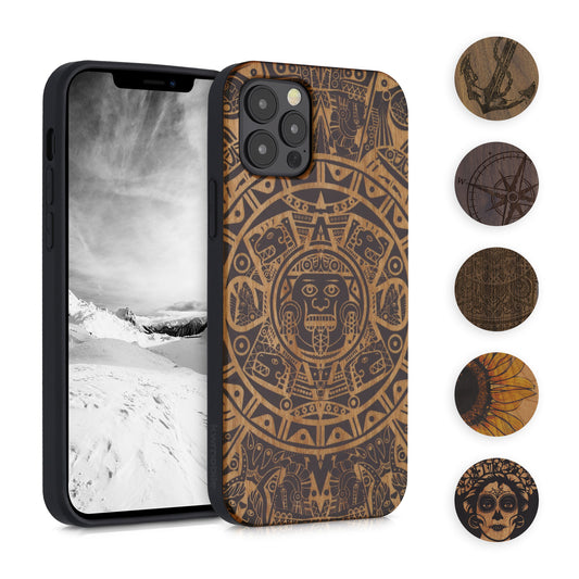 kwmobile Hülle kompatibel mit Apple iPhone 12 / iPhone 12 Pro Hülle - Holz Case - Handy Cover - TPU Handyhülle in Dunkelbraun Holz Japanische Welle Dunkelbraun  [dsg17]