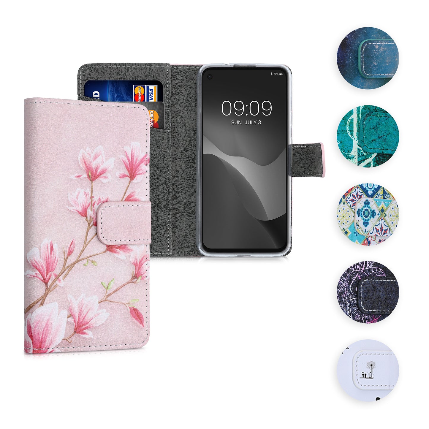 kwmobile Wallet Case kompatibel mit Google Pixel 4a Hülle - Cover mit Ständer und Kartenfächern - Magnolien Taupe Weiß Blaugrau Taupe  [dsg01]