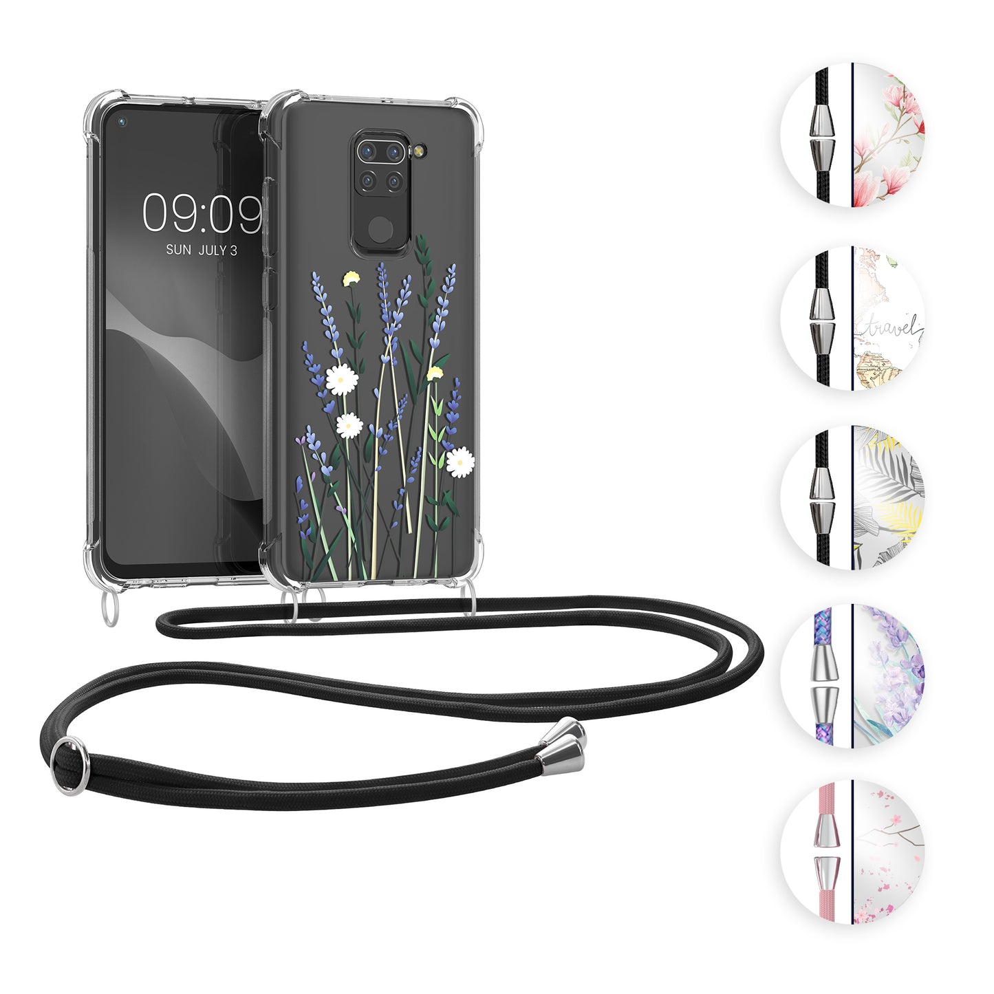 kwmobile Necklace Case kompatibel mit Xiaomi Redmi Note 9 Hülle - Silikon Cover mit Handykette - Rosa Dunkelbraun Transparent Kirschblütenblätter Rosa  [dsg01]