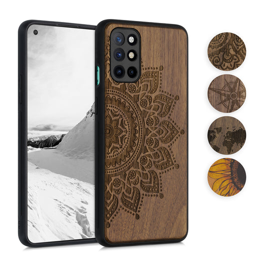 kwmobile Hülle kompatibel mit OnePlus 8T Hülle - Holz Case - Handy Cover - TPU Handyhülle in Dunkelbraun Vintage Kompass mit Perlmutt Dunkelbraun  [dsg06]