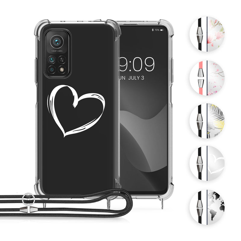 kwmobile Necklace Case kompatibel mit Xiaomi Mi 10T / Mi 10T Pro Hülle - Silikon Cover mit Handykette - Weiß Transparent Herz Brush Weiß  [dsg04]