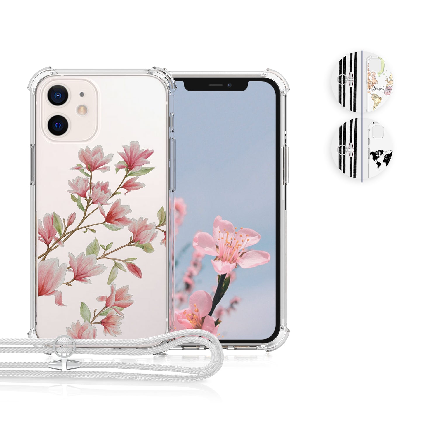 kwmobile Necklace Case kompatibel mit Apple iPhone 12 mini Hülle - Silikon Cover mit Handykette - Schwarz Mehrfarbig Transparent Travel Schriftzug Schwarz  [dsg01]