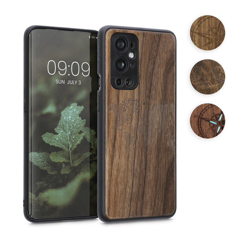 kwmobile Hülle kompatibel mit OnePlus 9 Pro Hülle - Holz Case - Handy Cover - TPU Handyhülle in Dunkelbraun Indische Sonne Dunkelbraun  [dsg02]