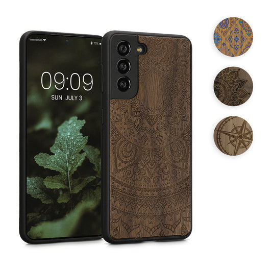 kwmobile Hülle kompatibel mit Samsung Galaxy S21 Hülle - Holz Case - Handy Cover - TPU Handyhülle in Dunkelbraun Kompass Vintage Dunkelbraun  [dsg03]