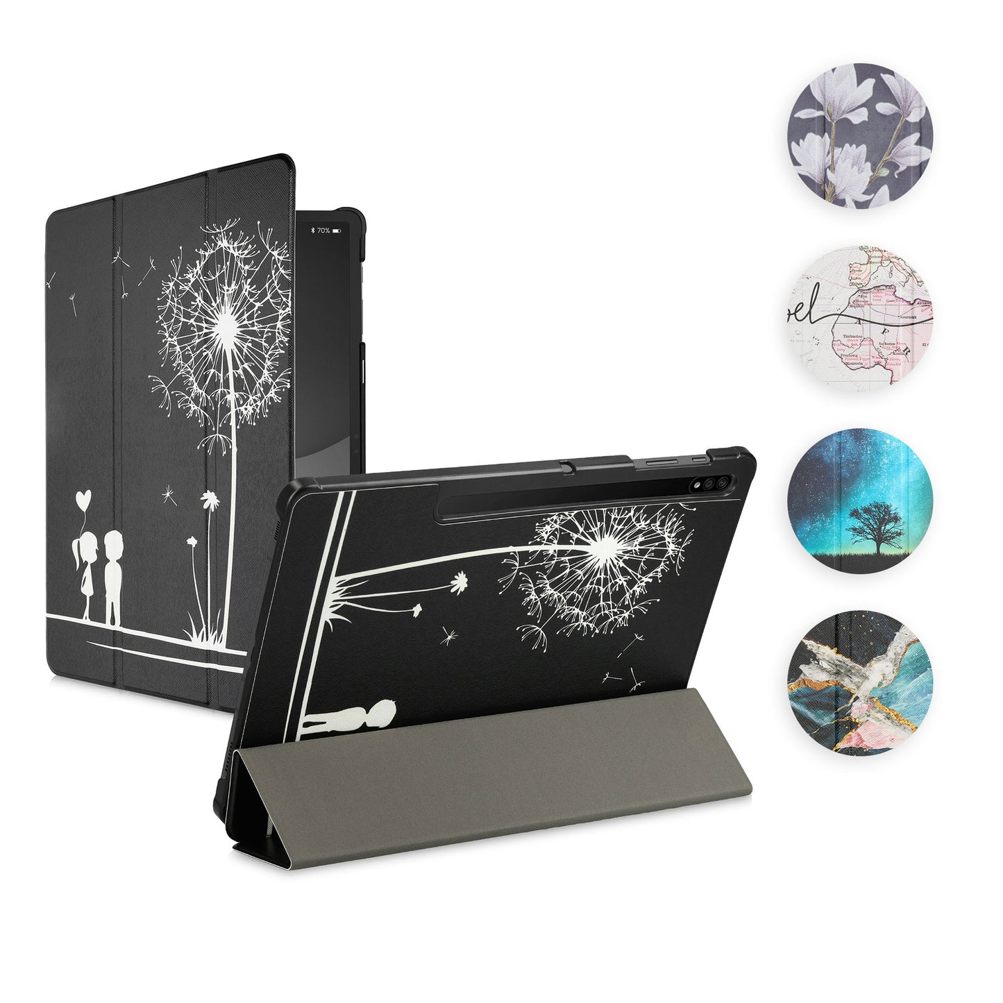 kwmobile Hülle kompatibel mit Samsung Galaxy Tab S7 Plus / Tab S7 FE - Smart Cover Tablet Case Schutzhülle - Stand - Magnolien Taupe Weiß Dunkelgrau Taupe  [dsg01]