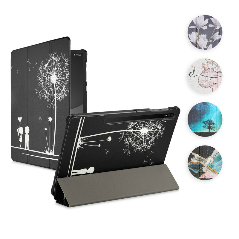 kwmobile Hülle kompatibel mit Samsung Galaxy Tab S7 Plus / Tab S7 FE - Smart Cover Tablet Case Schutzhülle - Stand - Magnolien Taupe Weiß Dunkelgrau Taupe  [dsg01]