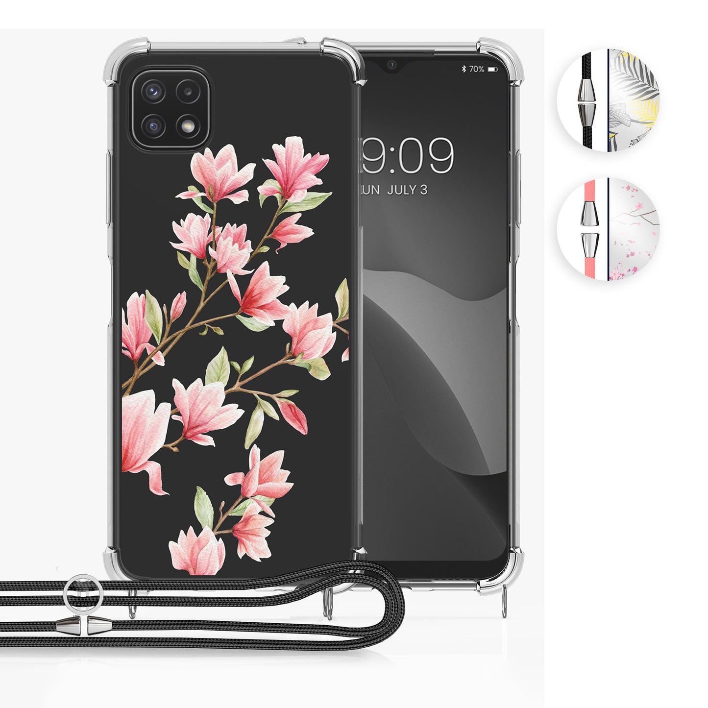 kwmobile Necklace Case kompatibel mit Samsung Galaxy A22 5G Hülle - Silikon Cover mit Handykette - Gold Grau Transparent Dschungel Gold  [dsg02]