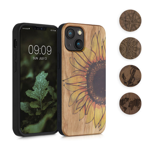 kwmobile Hülle kompatibel mit Apple iPhone 13 mini Hülle - Holz Case - Handy Cover - TPU Handyhülle in Dunkelbraun Aufgehende Sonne Schwarz matt  