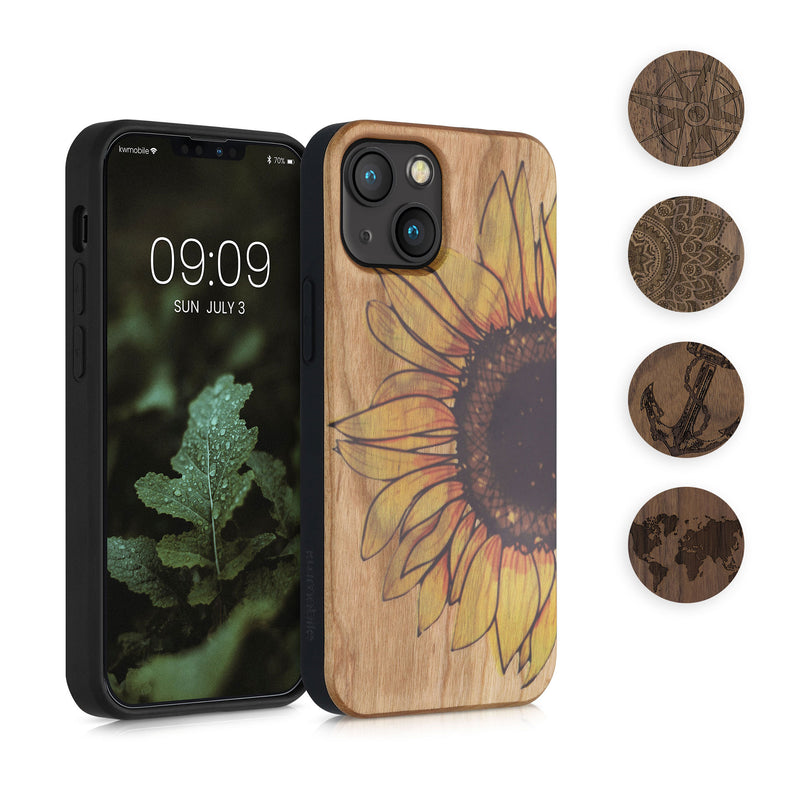 kwmobile Hülle kompatibel mit Apple iPhone 13 mini Hülle - Holz Case - Handy Cover - TPU Handyhülle in Dunkelbraun Aufgehende Sonne Schwarz matt  