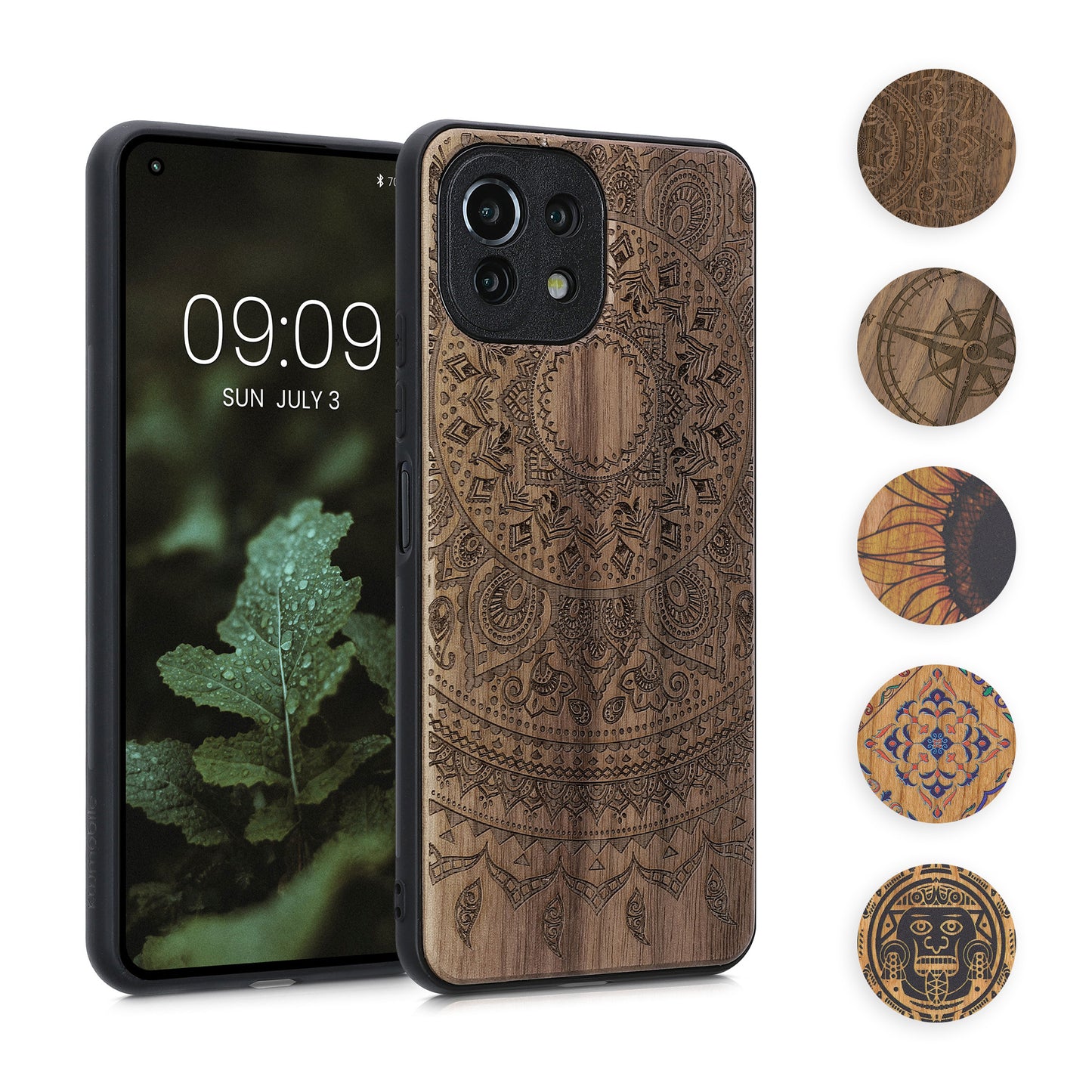 kwmobile Hülle kompatibel mit Xiaomi 11 Lite (5G) NE / Mi 11 Lite (5G) Hülle - Holz Case - Handy Cover - TPU Handyhülle in Dunkelbraun Aufgehende Sonne Dunkelbraun  [dsg02]