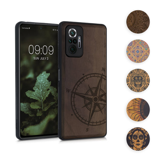 kwmobile Hülle kompatibel mit Xiaomi Redmi Note 10 Pro Hülle - Holz Case - Handy Cover - TPU Handyhülle in Dunkelbraun Kompass Vintage Dunkelbraun  [dsg02]