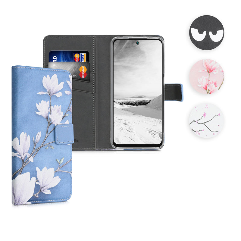 kwmobile Wallet Case kompatibel mit Xiaomi Redmi 10 (2021 / 2022) Hülle - Cover mit Ständer und Kartenfächern - Magnolien Taupe Weiß Blaugrau Taupe  [dsg01]