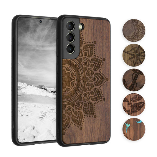 kwmobile Hülle kompatibel mit Samsung Galaxy S21 FE Hülle - Holz Case - Handy Cover - TPU Handyhülle in Dunkelbraun Perlmutt-Fee Dunkelbraun  [dsg07]
