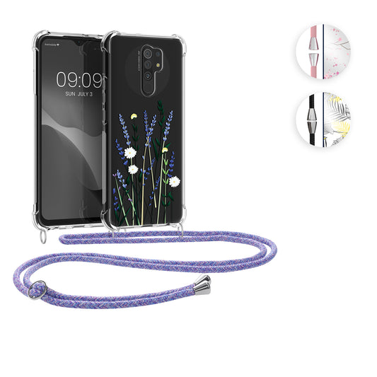 kwmobile Necklace Case kompatibel mit Xiaomi Redmi 9 Hülle - Silikon Cover mit Handykette - Rosa Dunkelbraun Transparent Kirschblütenblätter Rosa  [dsg02]