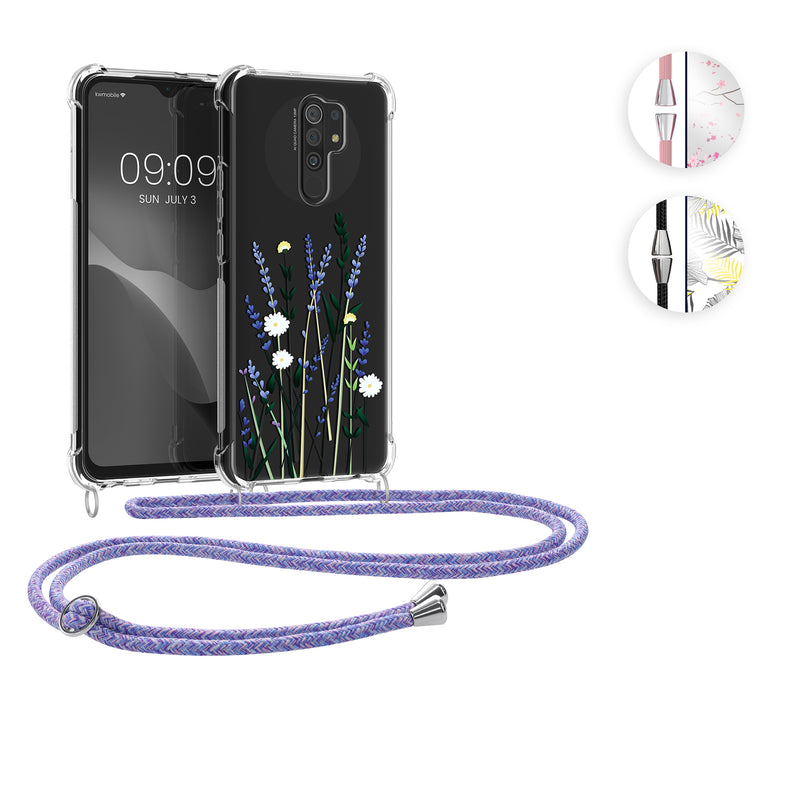 kwmobile Necklace Case kompatibel mit Xiaomi Redmi 9 Hülle - Silikon Cover mit Handykette - Rosa Dunkelbraun Transparent Kirschblütenblätter Rosa  [dsg02]